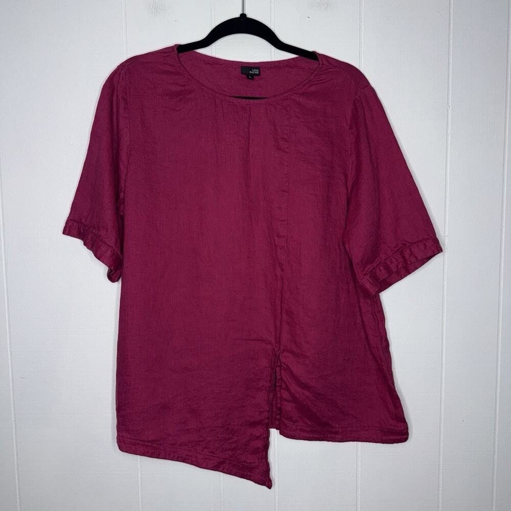 Lisa Bayne Women’s 100% Linen Boxy Top Asymmetrical Hem Fuchsia Purple Size L